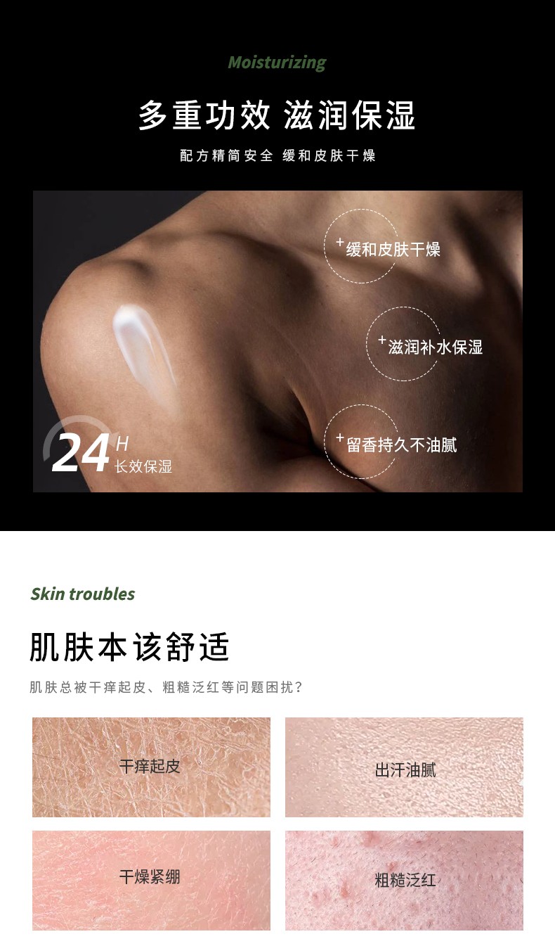 多重功效 滋潤保濕，配方精簡安全緩和皮膚干燥，滋潤補水保濕，24小時長效保濕，細膩溫和不刺激，留香持久不油膩